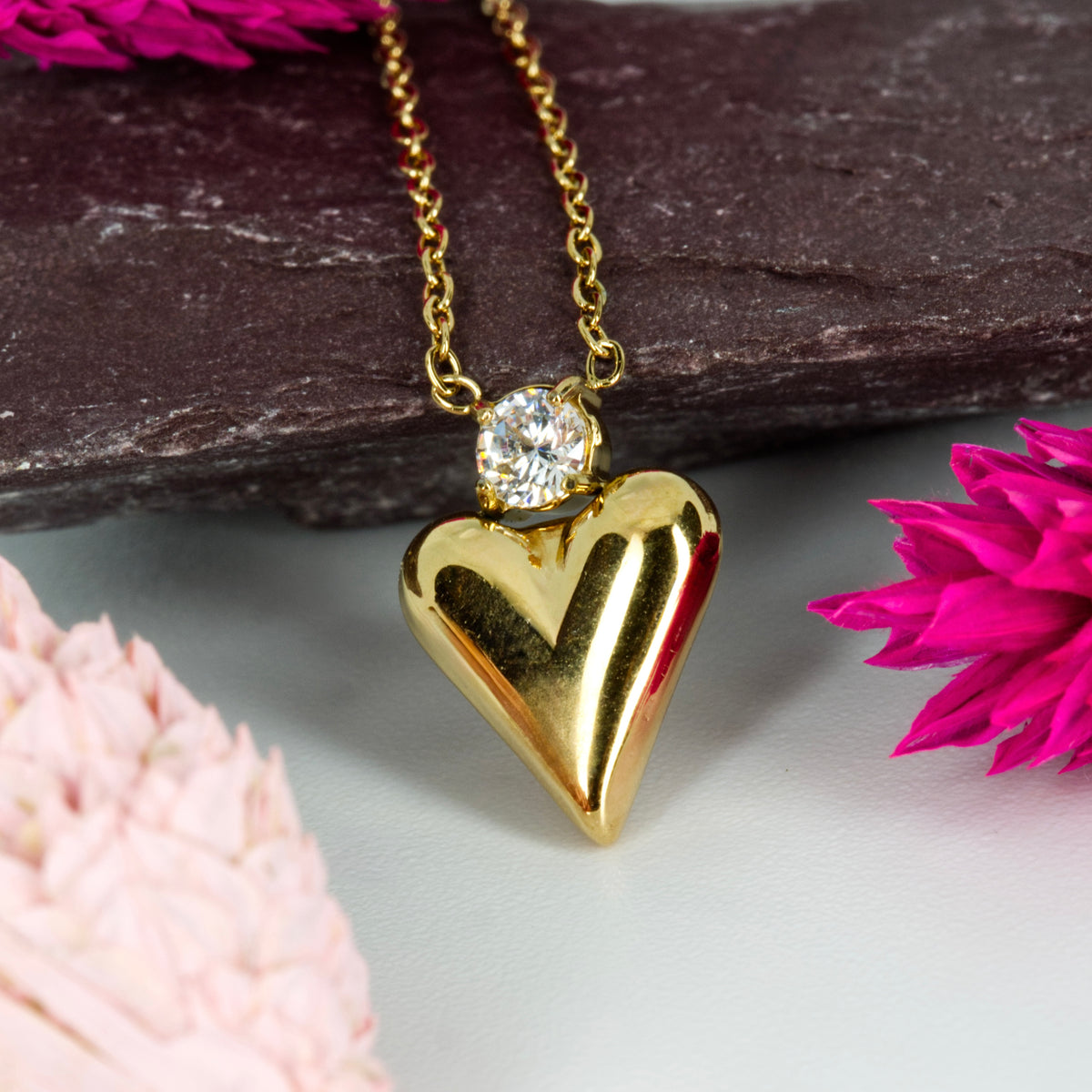 Gold Plated Heart & Cubic Zirconia Set Pendant & Chain