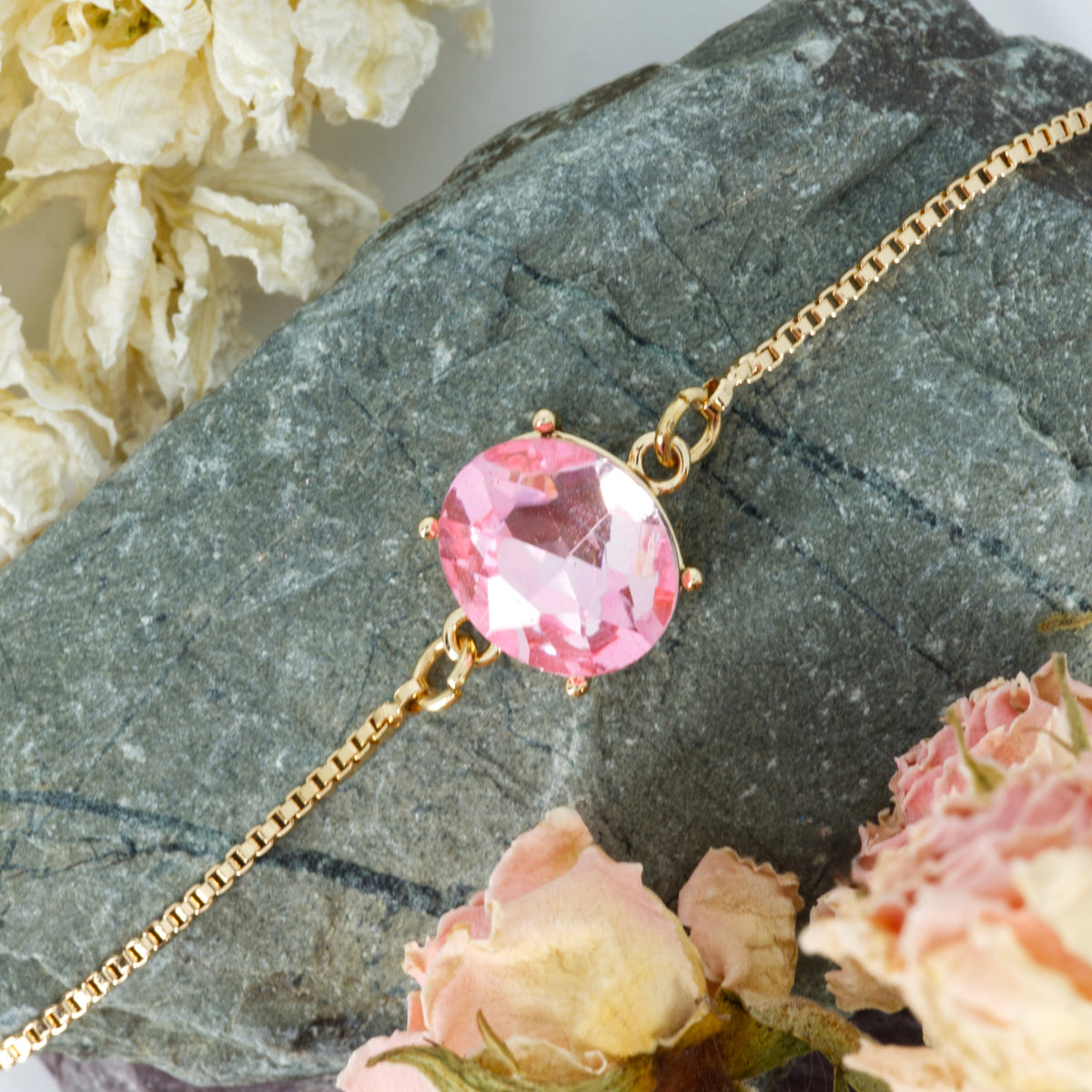 Gold Plated Oval Cut Pink Cubic Zirconia Set Bracelet