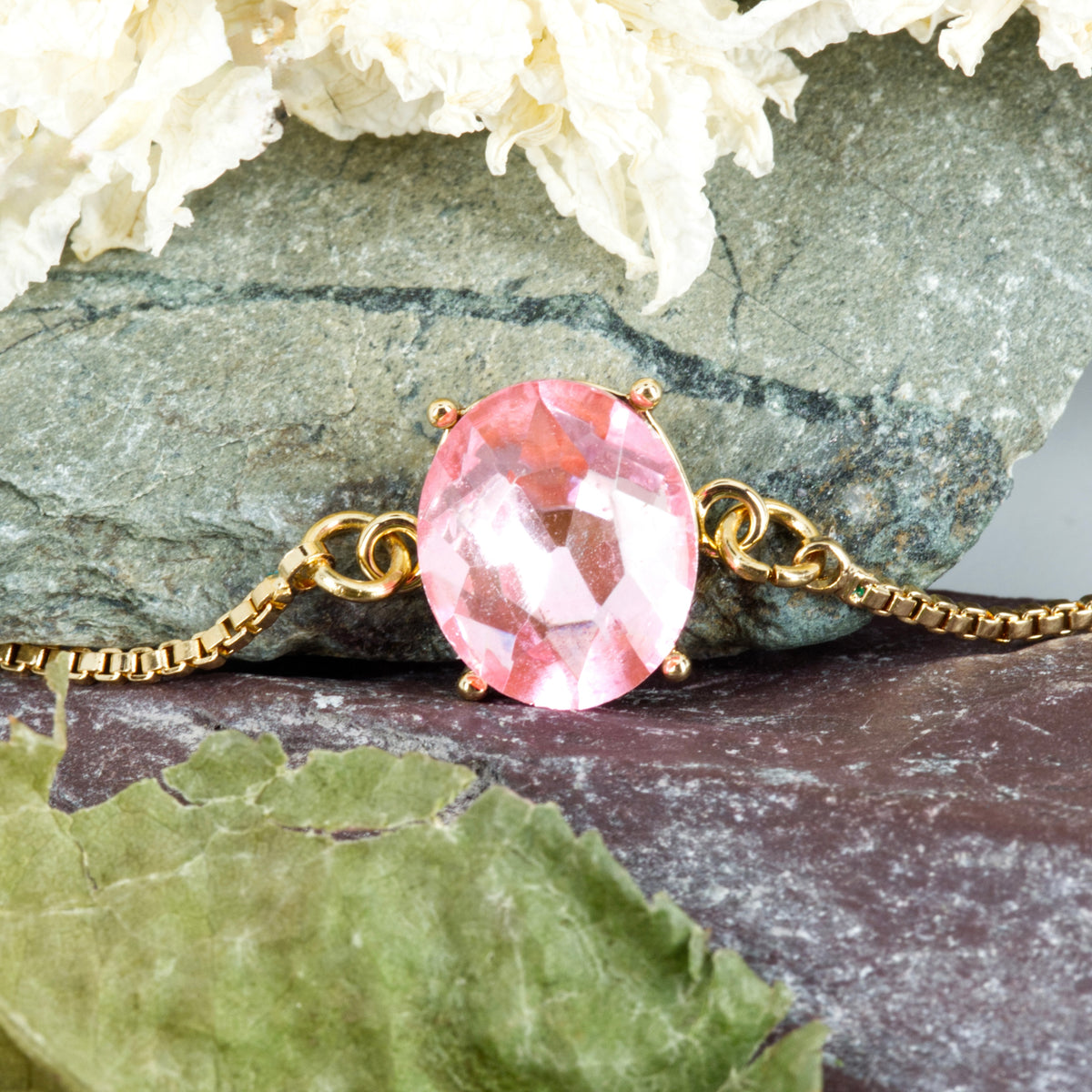 Gold Plated Oval Cut Pink Cubic Zirconia Set Bracelet