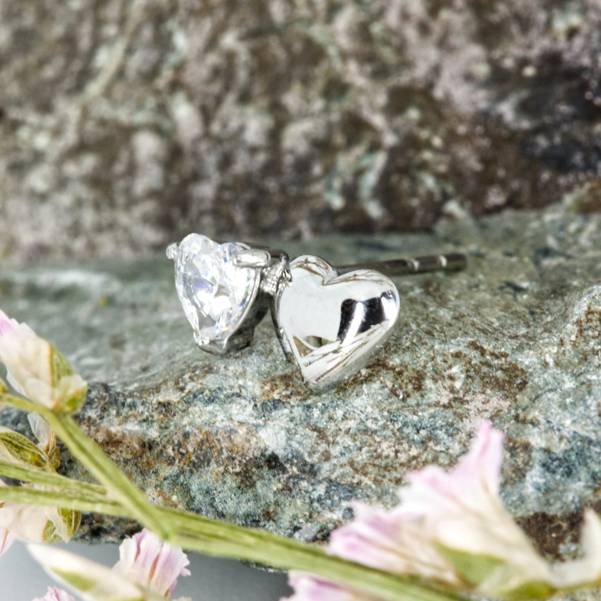 Rhodium Plated Double Heart Cubic Zirconia Set Stud Earrings
