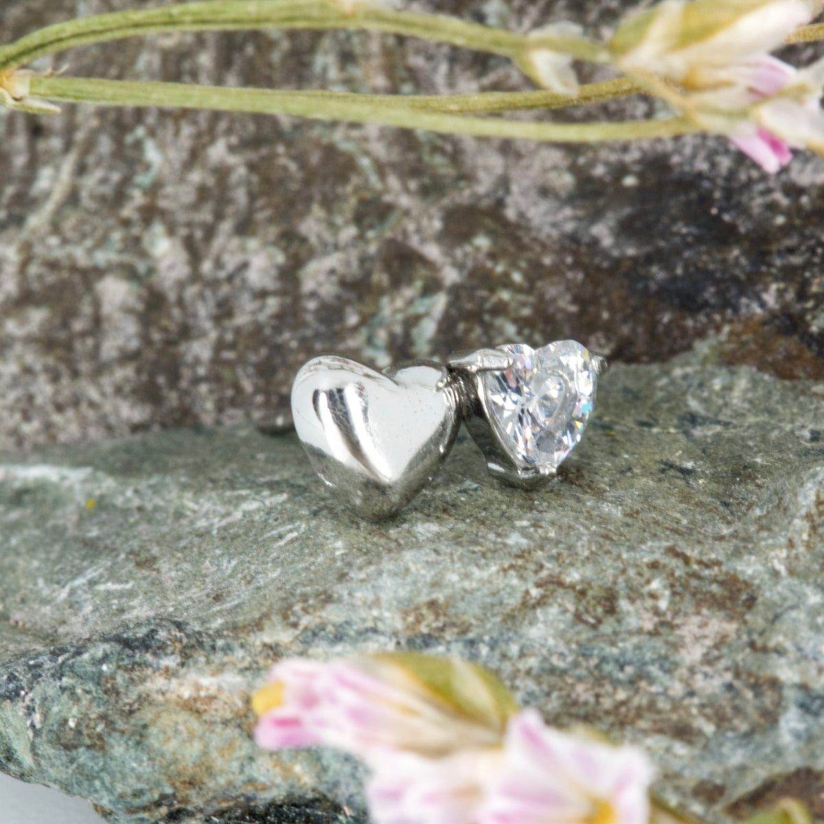 Rhodium Plated Double Heart Cubic Zirconia Set Stud Earrings