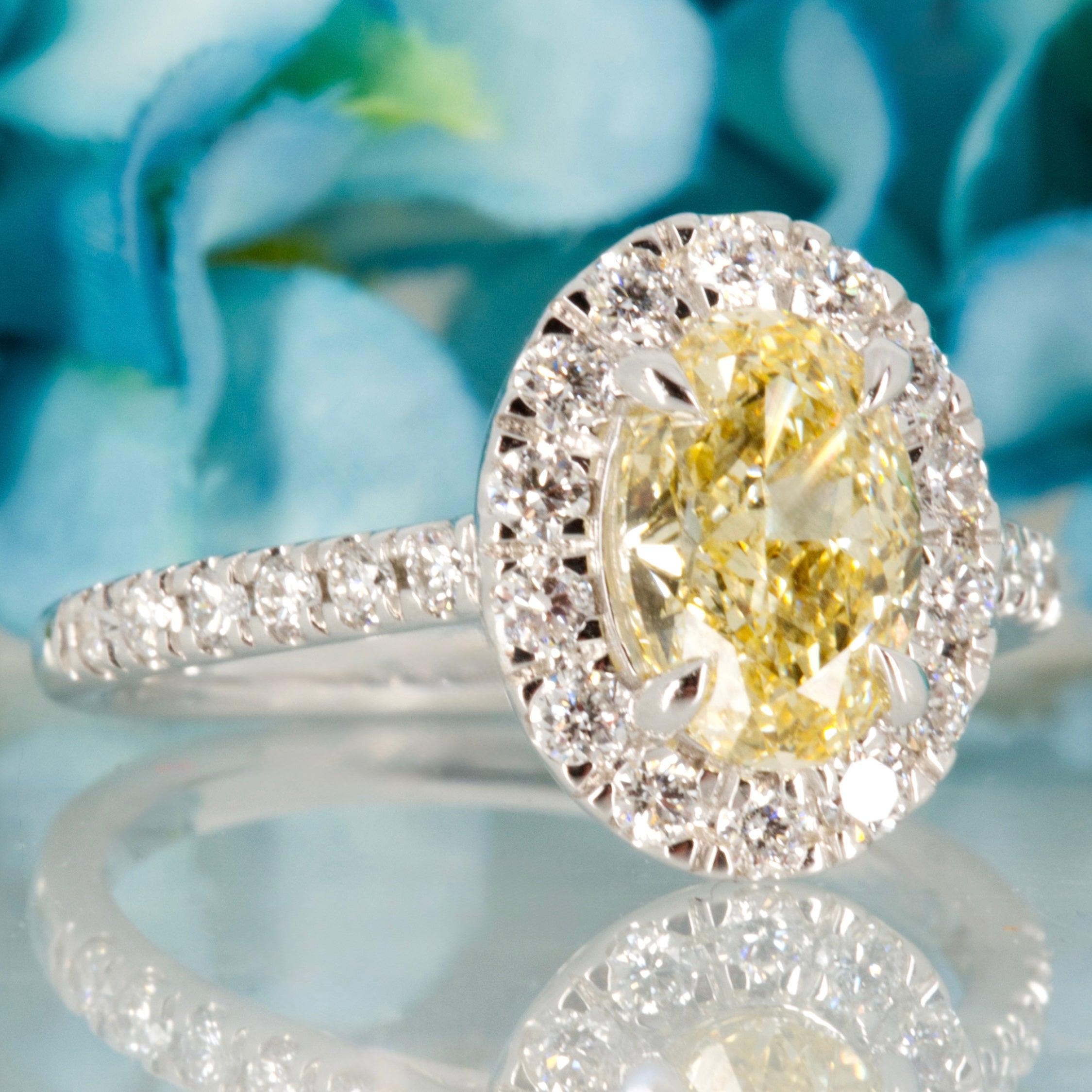 18ct White Gold 2.02ct Oval Cut Lab Grown Yellow Diamond Halo Cluster Ring