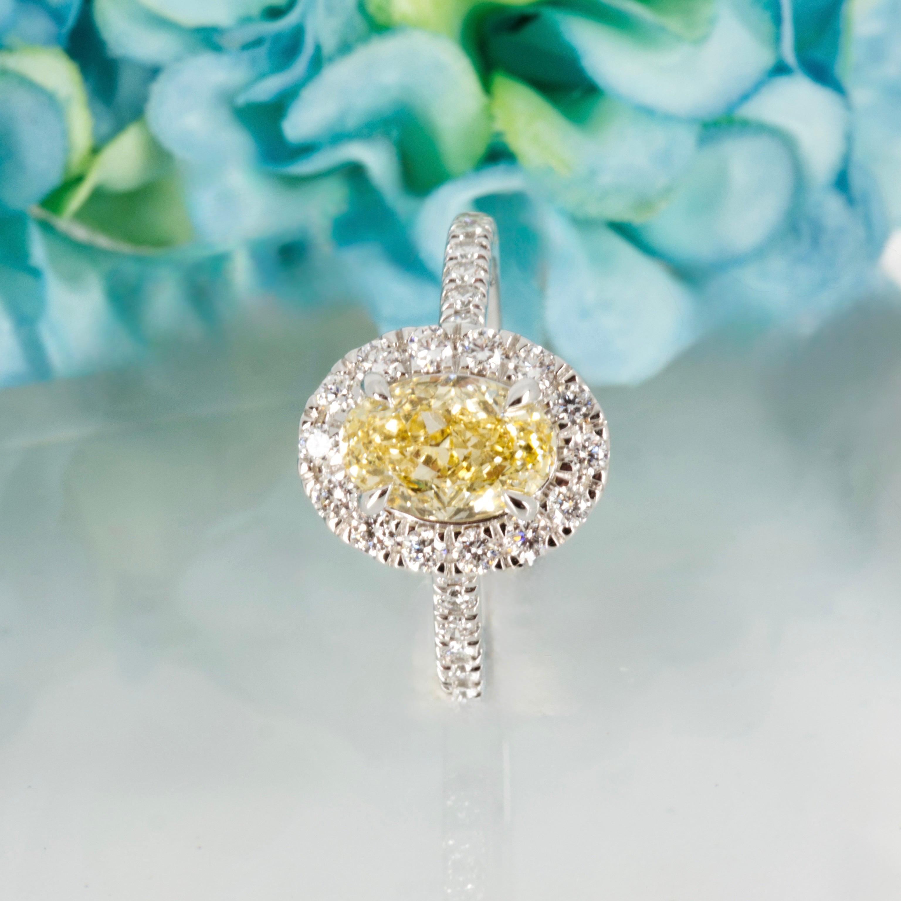 18ct White Gold 2.02ct Oval Cut Lab Grown Yellow Diamond Halo Cluster Ring