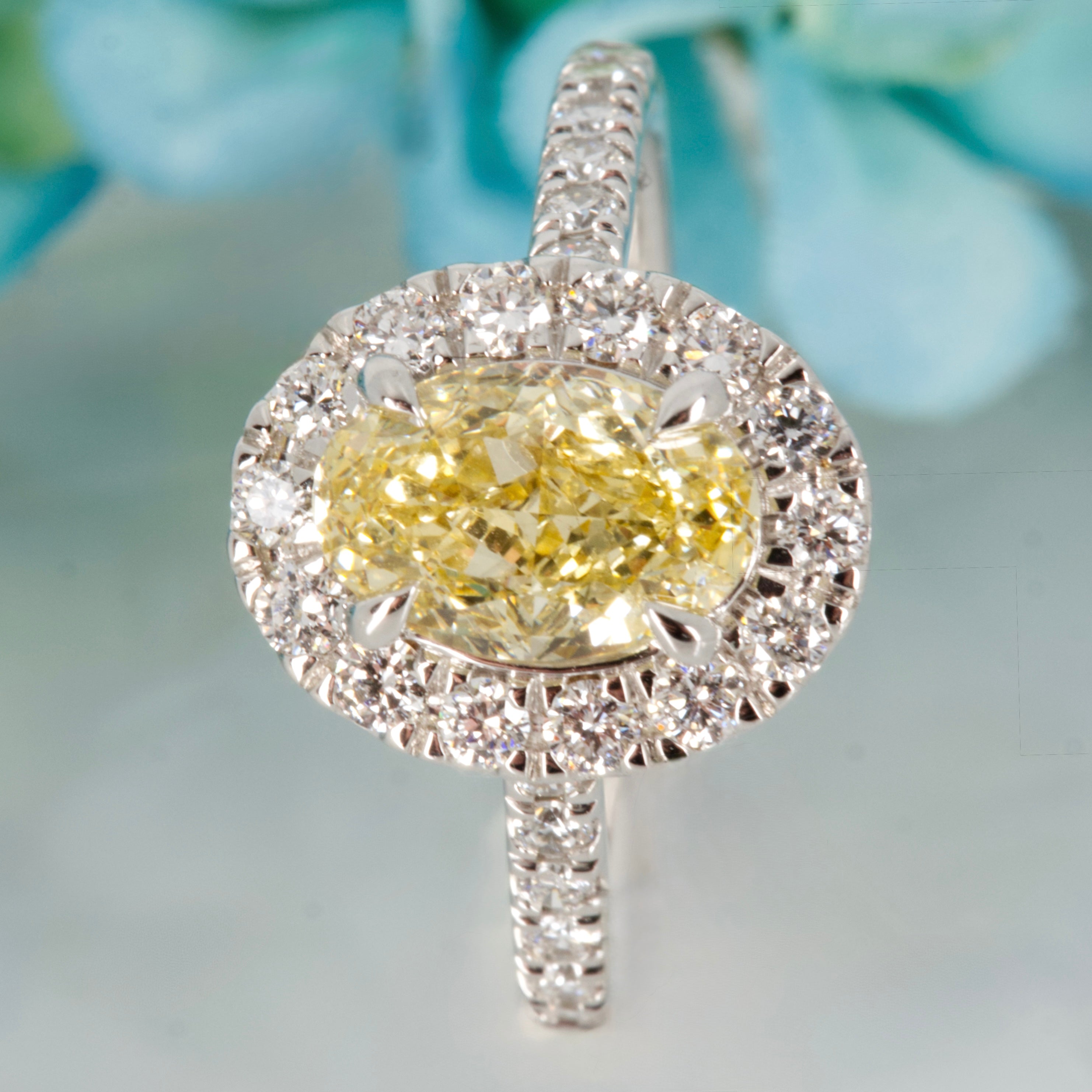18ct White Gold 2.02ct Oval Cut Lab Grown Yellow Diamond Halo Cluster Ring