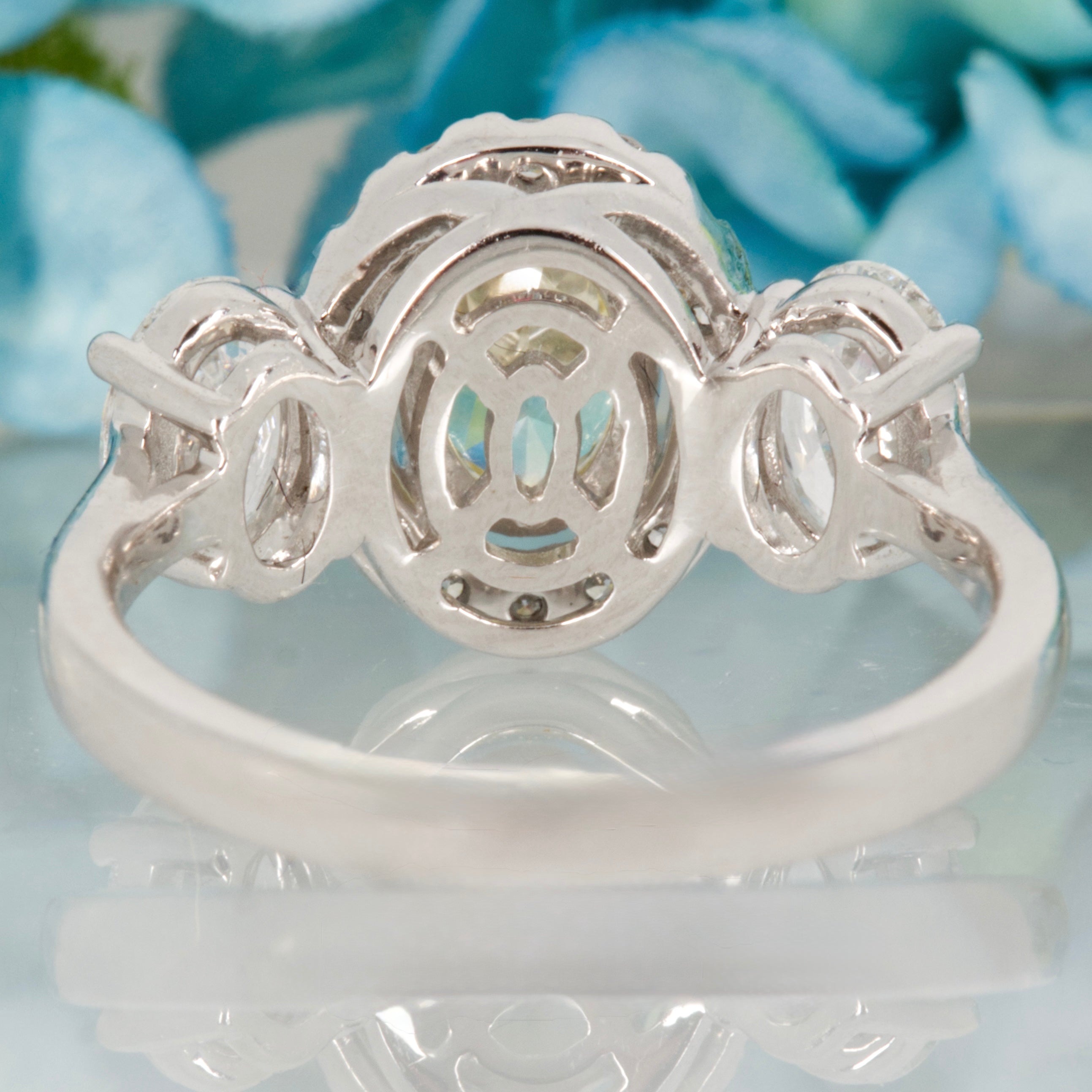 18ct White Gold Oval Cut Lab Grown Yellow Diamond & Lab Grown Diamond Halo Cluster Trilogy Ring