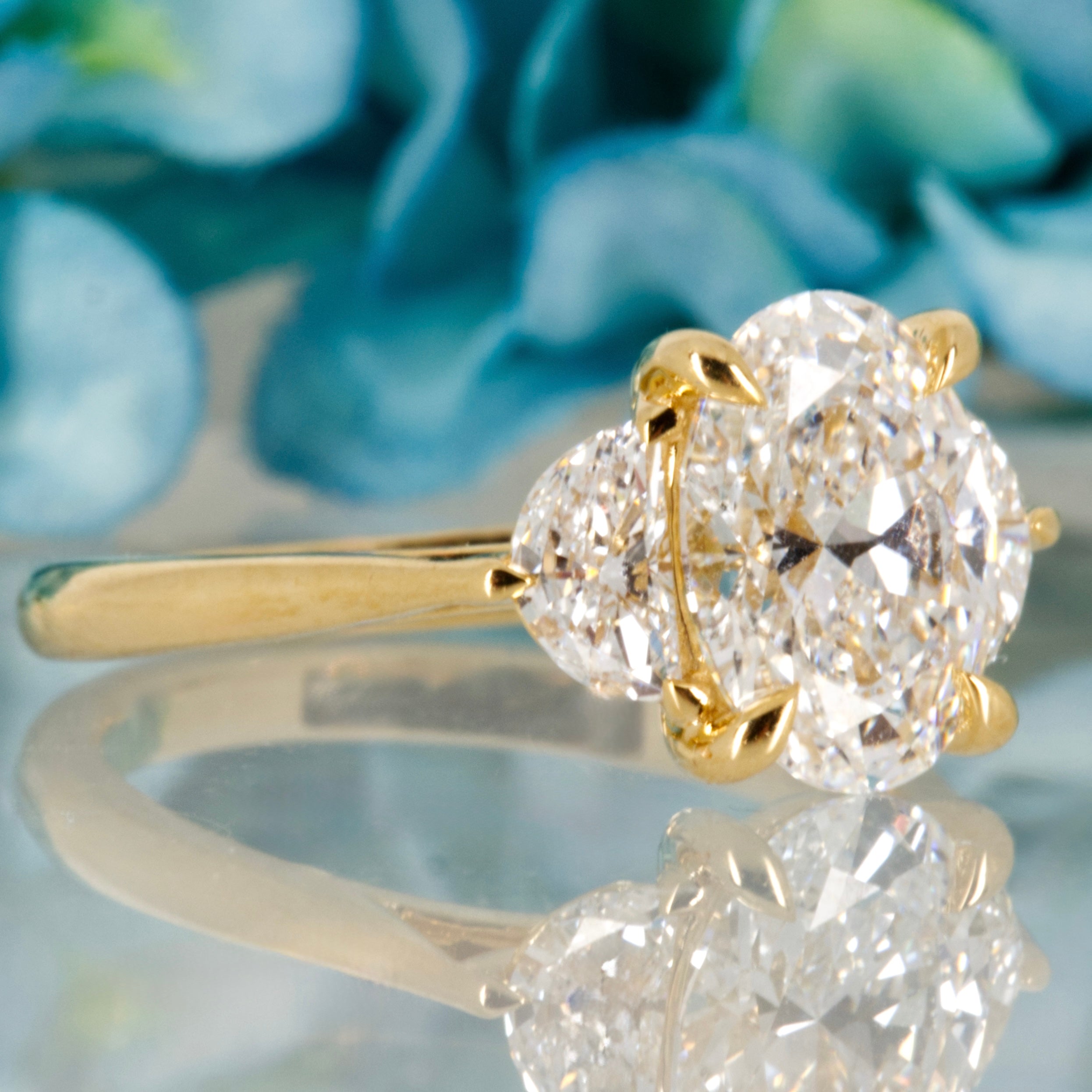 18ct Yellow Gold 2.55ct Oval & Crescent Cut Lab Grown Diamond Trilogy Ring