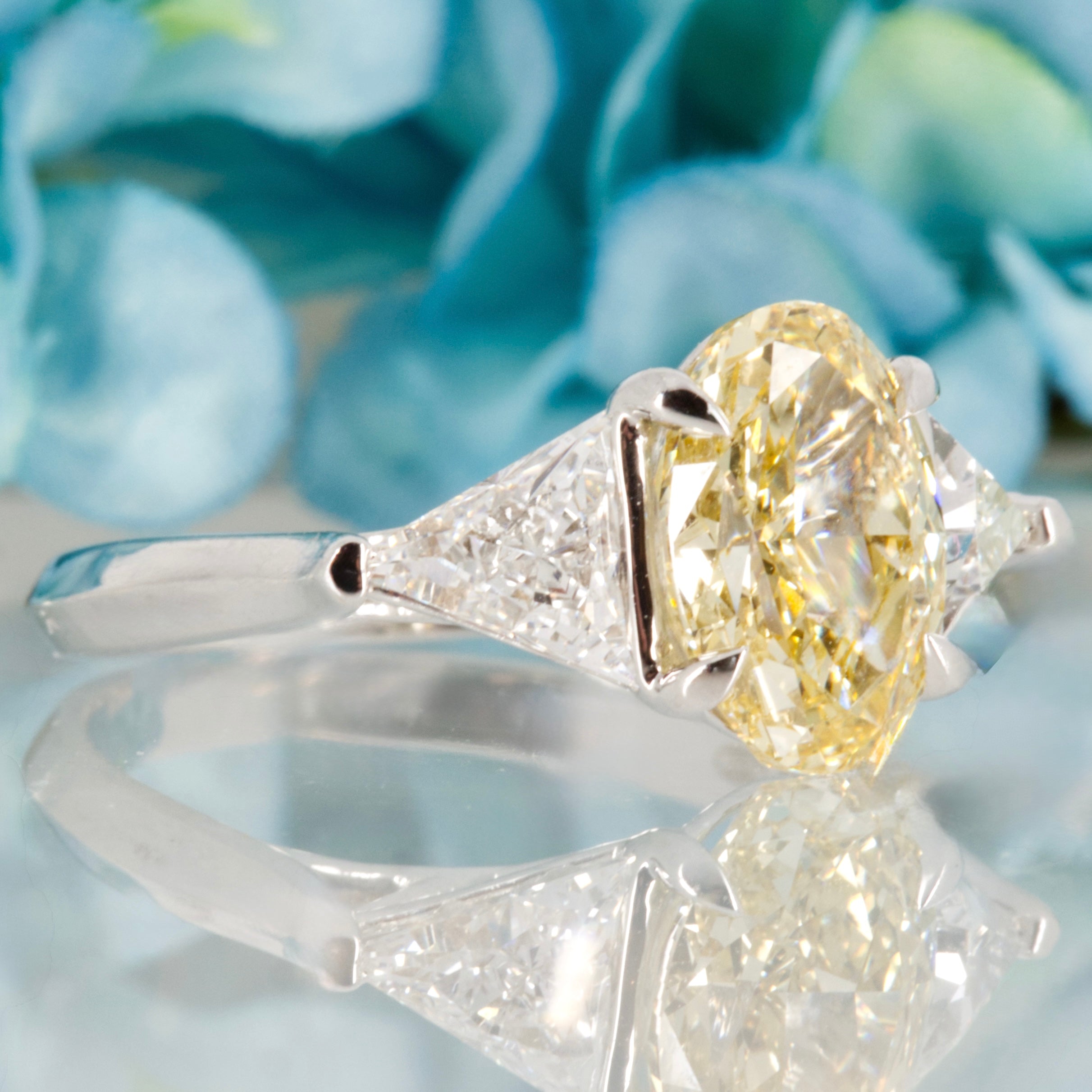 18ct White Gold Oval Cut Lab Grown Yellow Diamond & Trilliant Cut Lab Grown Diamond Trilogy Ring