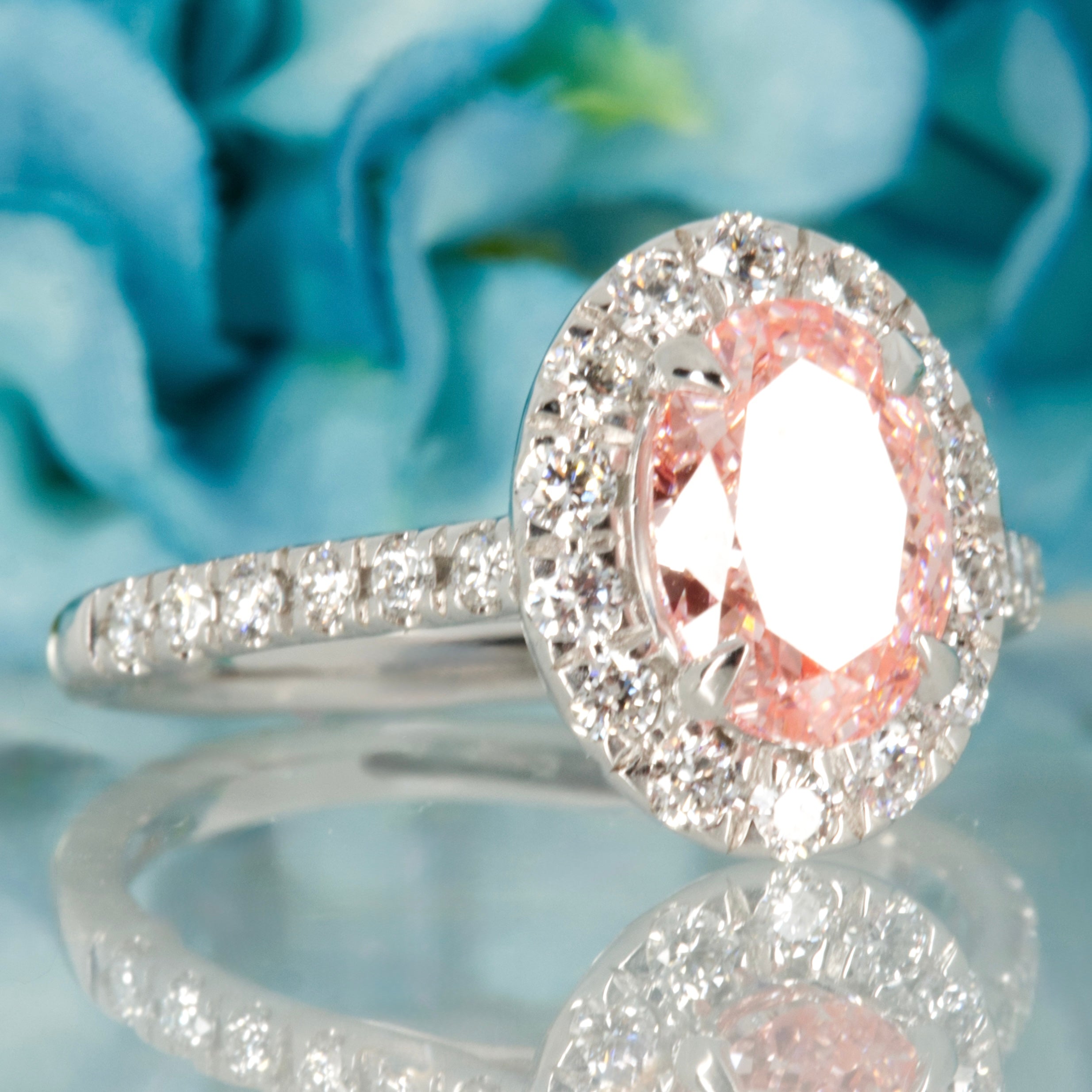 18ct White Gold 2.00ct Oval Cut Lab Grown Pink Diamond Halo Cluster Ring