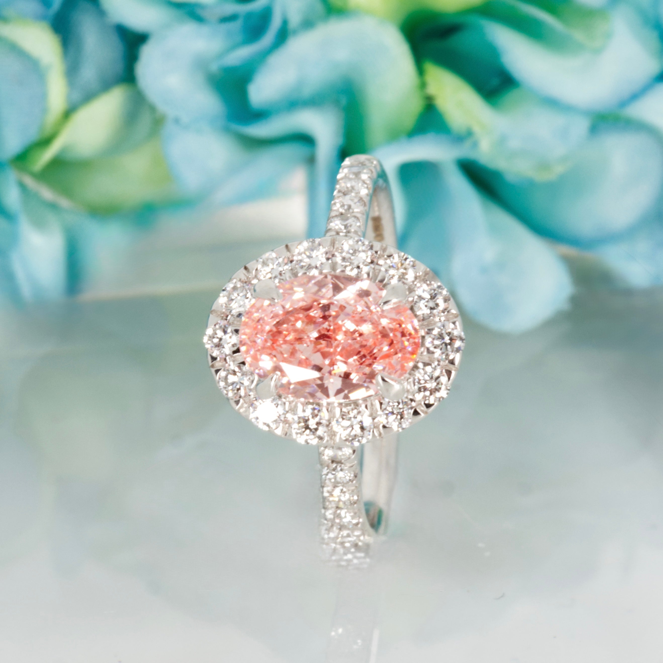 18ct White Gold 2.00ct Oval Cut Lab Grown Pink Diamond Halo Cluster Ring