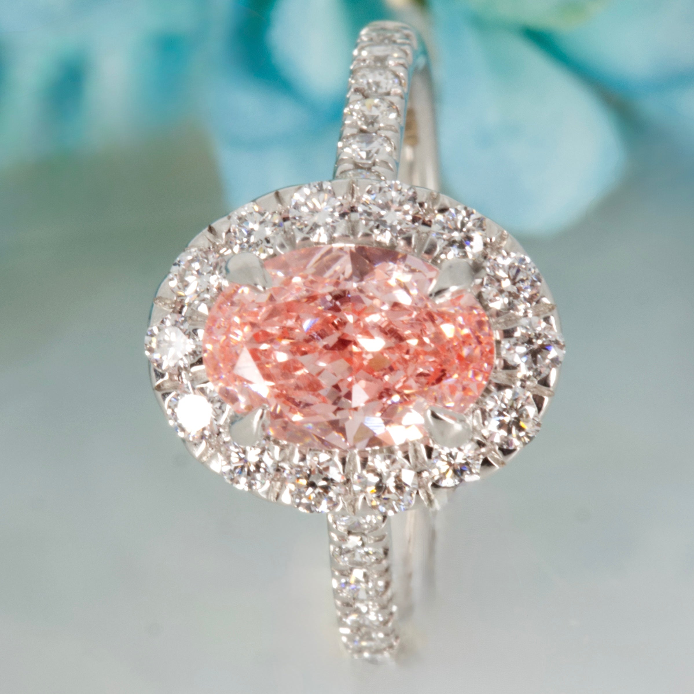 18ct White Gold 2.00ct Oval Cut Lab Grown Pink Diamond Halo Cluster Ring