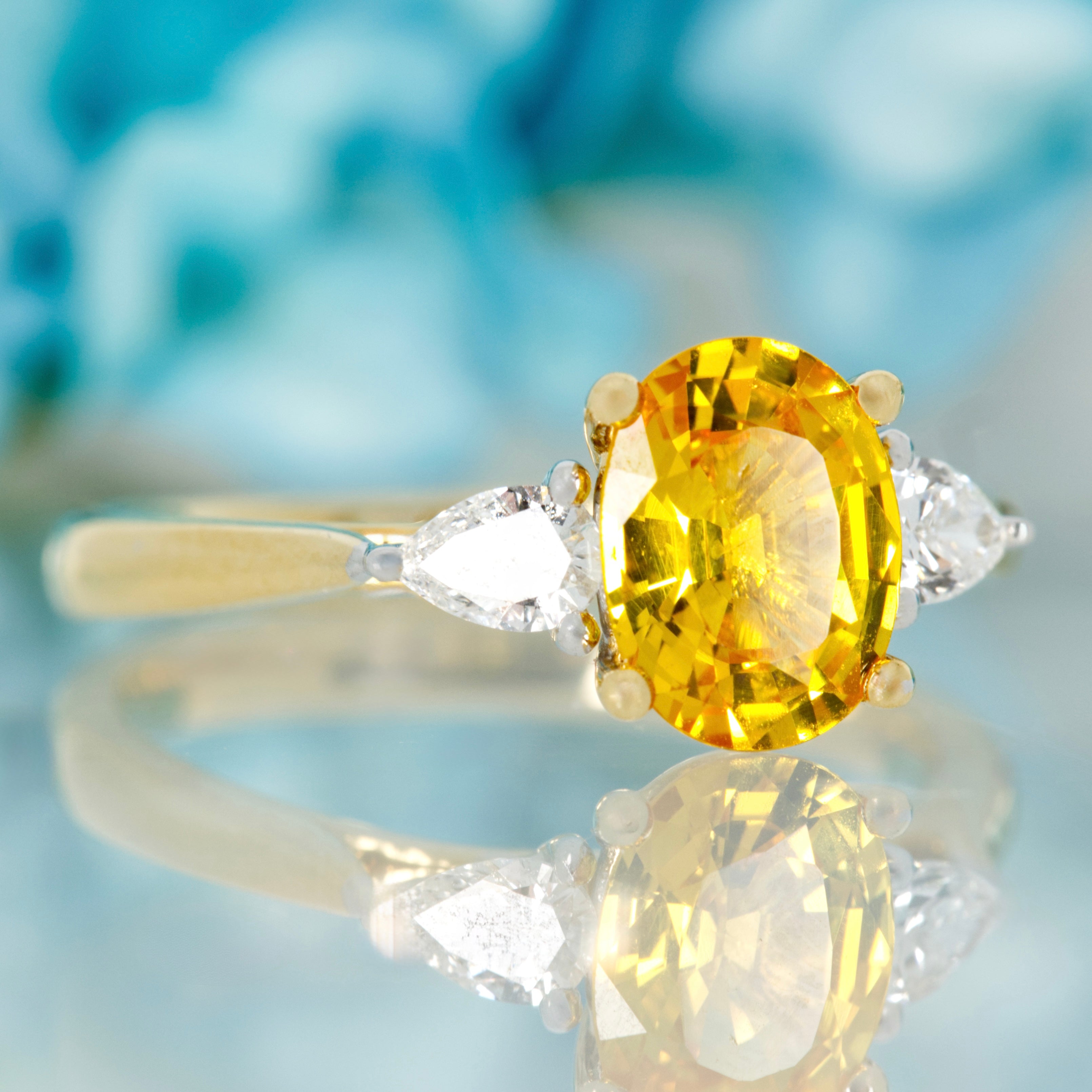 18ct Yellow Gold Oval Cut Yellow Sapphire & Pear Cut Diamond Trilogy Ring