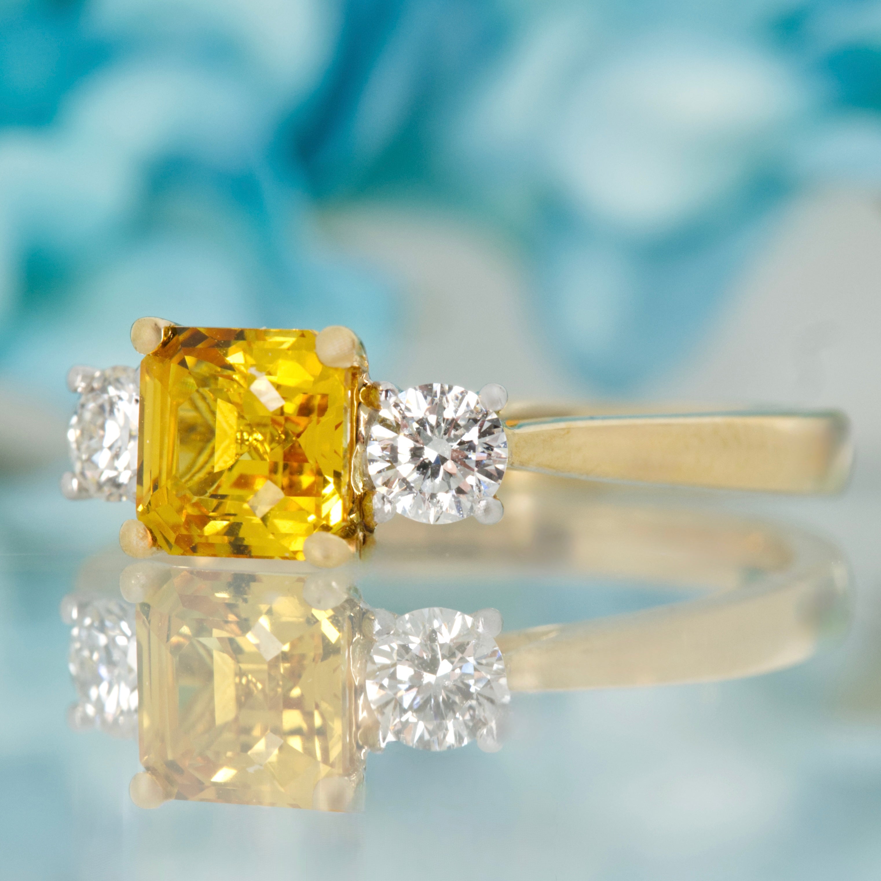 18ct Yellow Gold & Platinum Asscher Cut Yellow Sapphire & Round Brilliant Cut Diamond Trilogy Ring