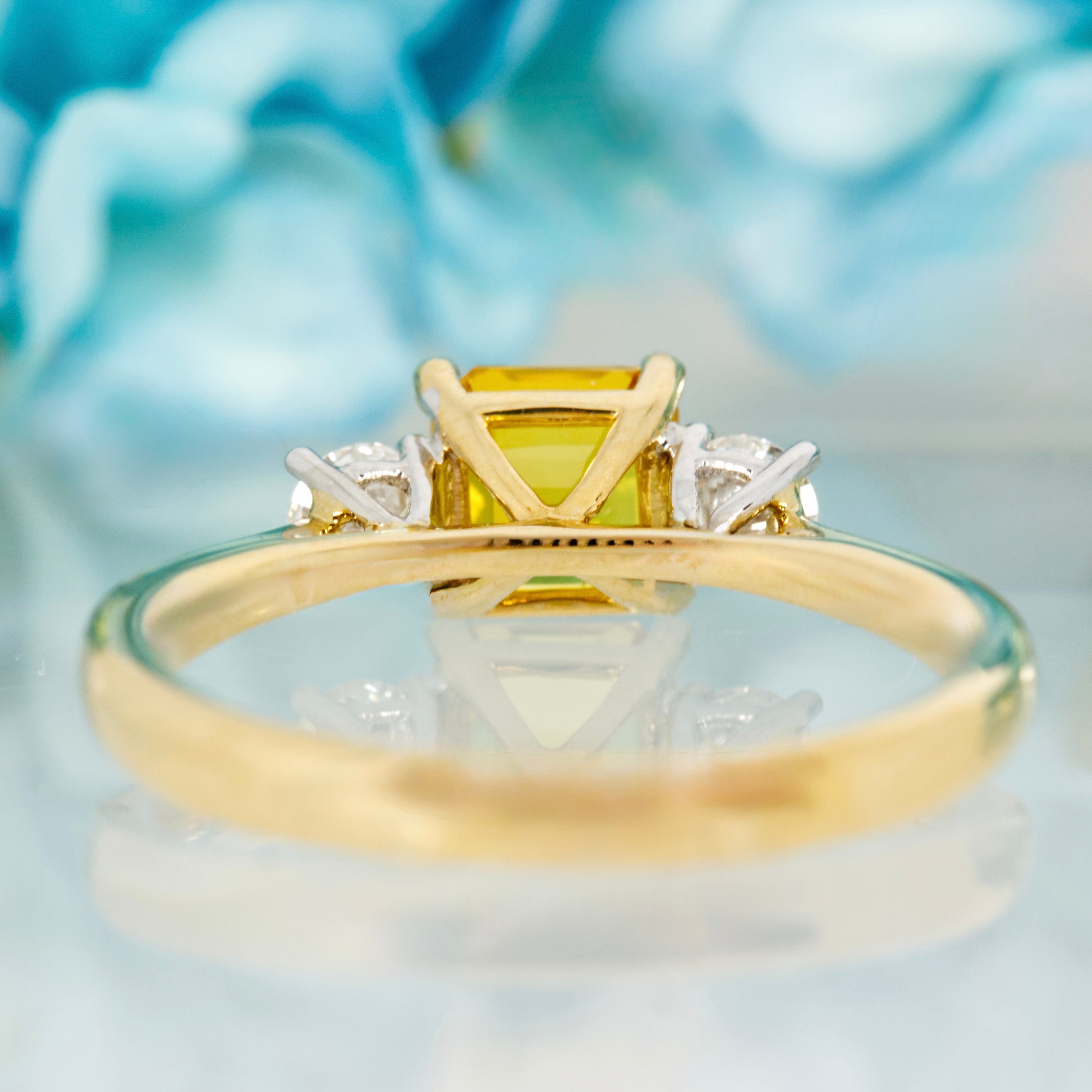 18ct Yellow Gold & Platinum Asscher Cut Yellow Sapphire & Round Brilliant Cut Diamond Trilogy Ring