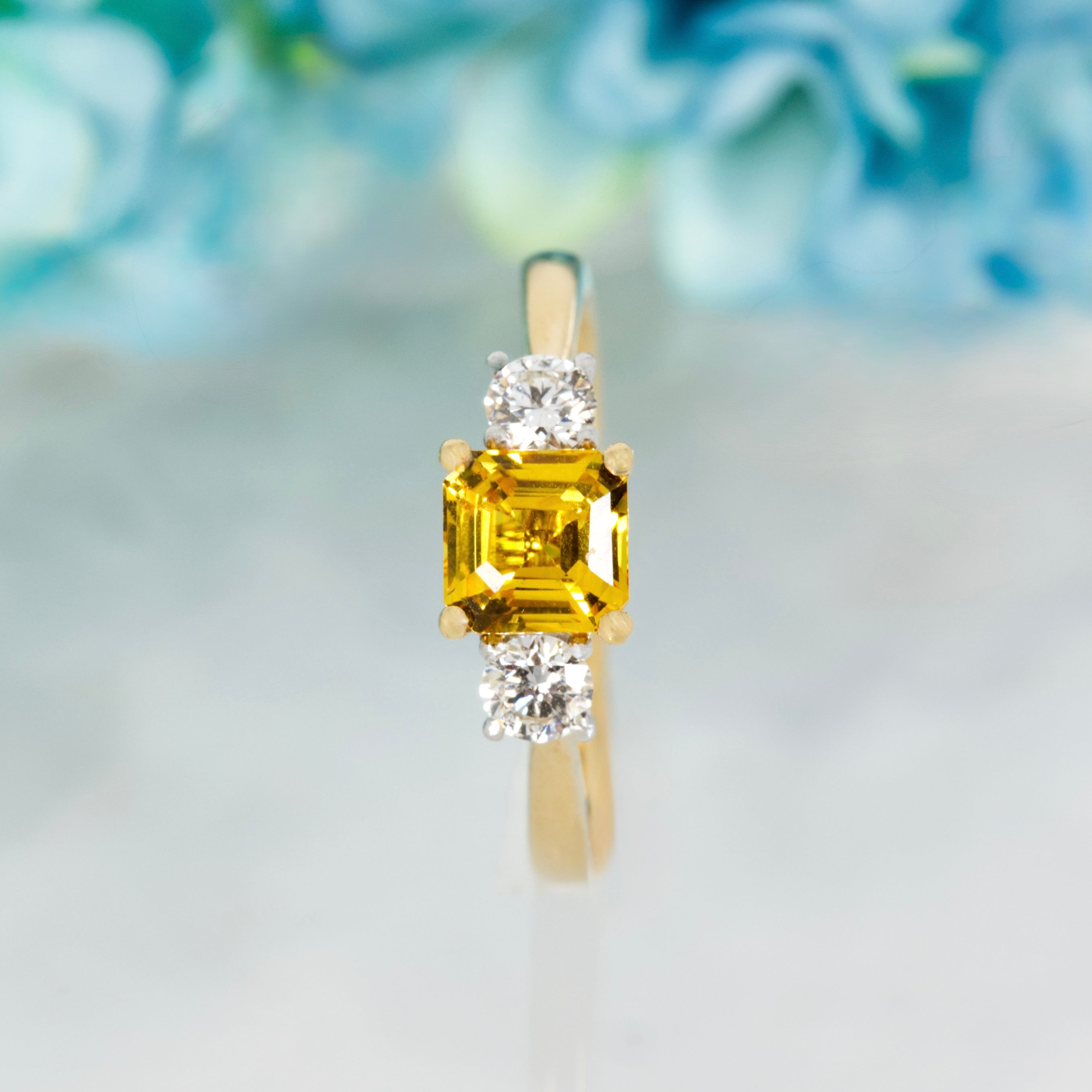 18ct Yellow Gold & Platinum Asscher Cut Yellow Sapphire & Round Brilliant Cut Diamond Trilogy Ring