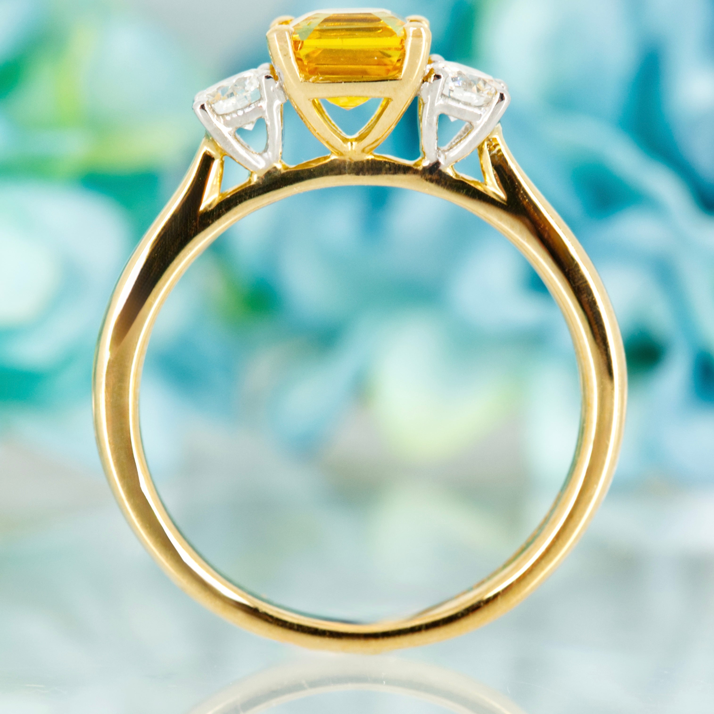 18ct Yellow Gold & Platinum Asscher Cut Yellow Sapphire & Round Brilliant Cut Diamond Trilogy Ring