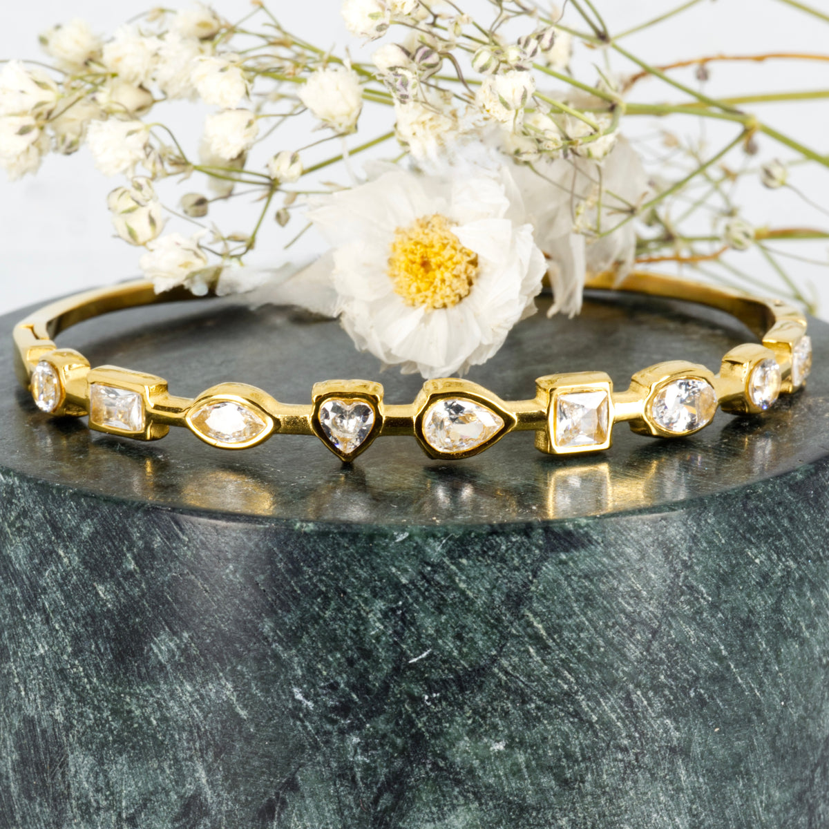 Gold Plated Cubic Zirconia Set Hinged Bangle