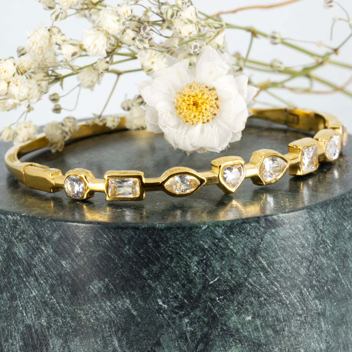 Gold Plated Cubic Zirconia Set Hinged Bangle