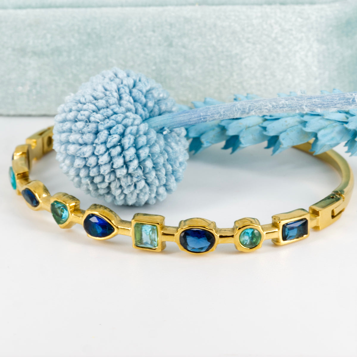 Gold Plated Blue Cubic Zirconia Set Hinged Bangle