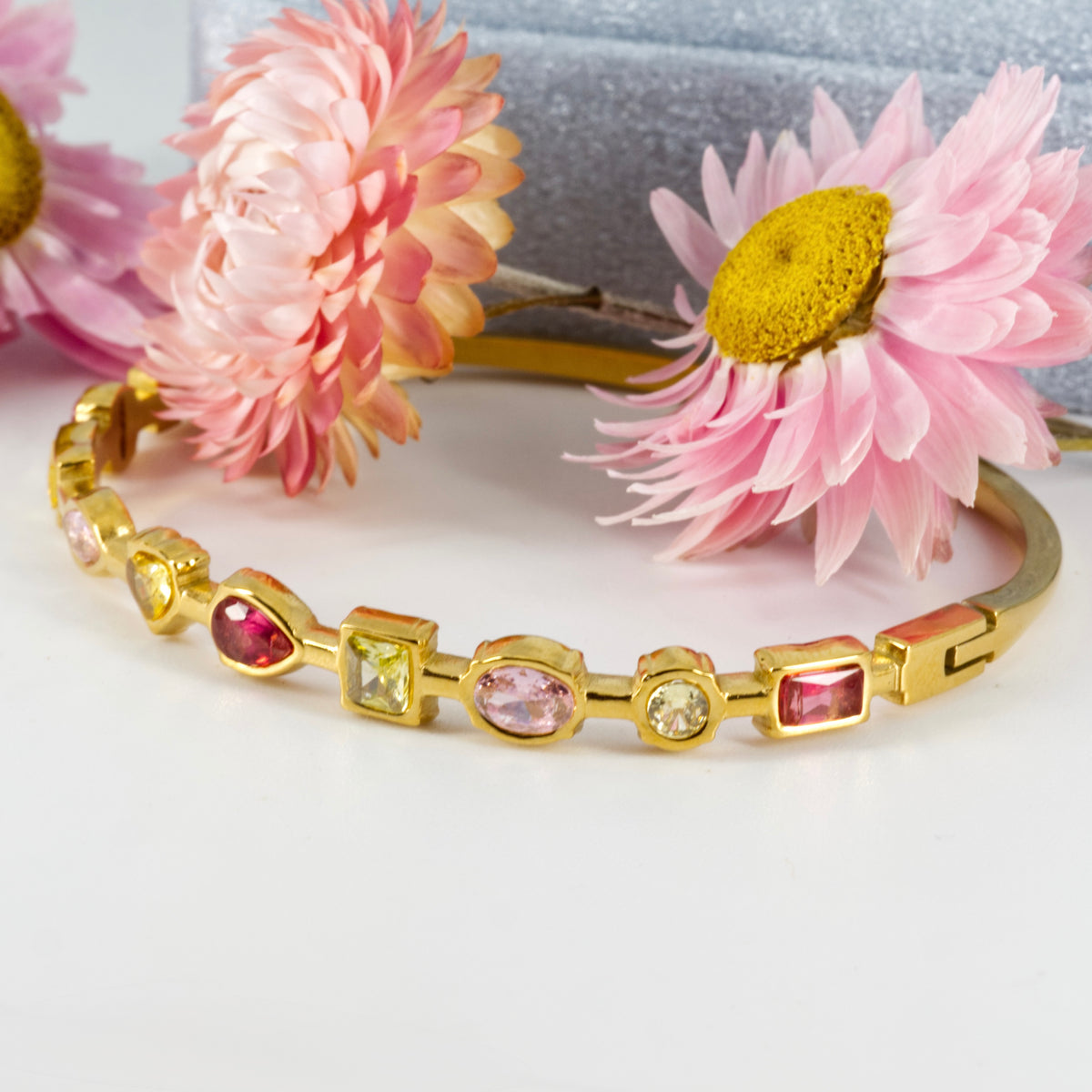 Gold Plated Pink & Yellow Cubic Zirconia Set Hinged Bangle
