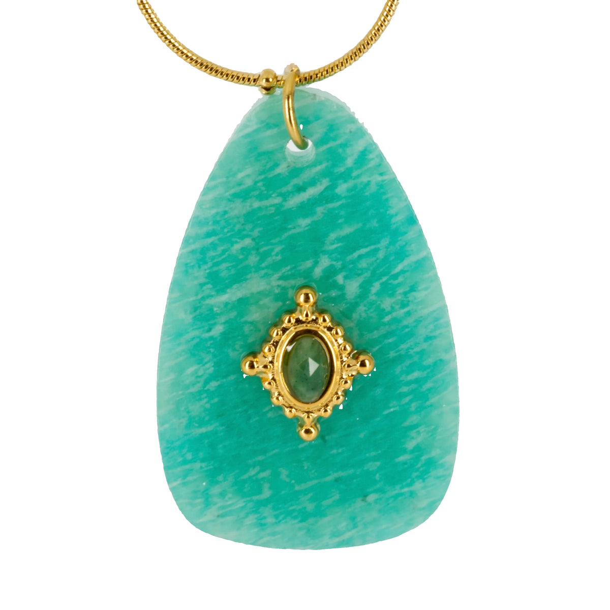 Gold Plated Green Stone Pendant & Beaded Chain