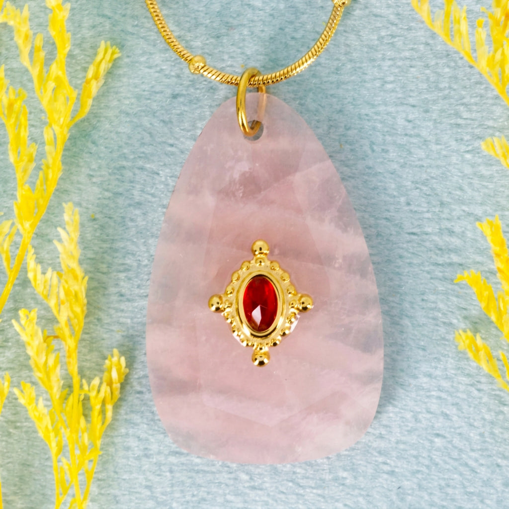 Gold Plated Pink Stone Pendant & Beaded Chain