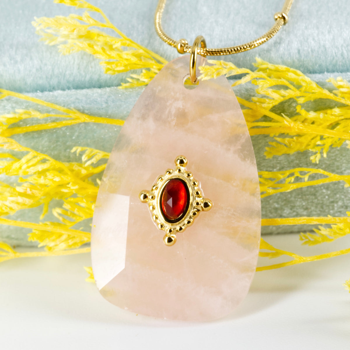 Gold Plated Pink Stone Pendant & Beaded Chain