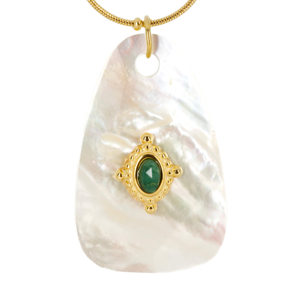 Gold Plated White & Green Stone Pendant & Beaded Chain