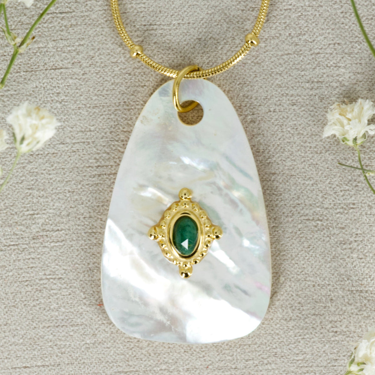 Gold Plated White & Green Stone Pendant & Beaded Chain