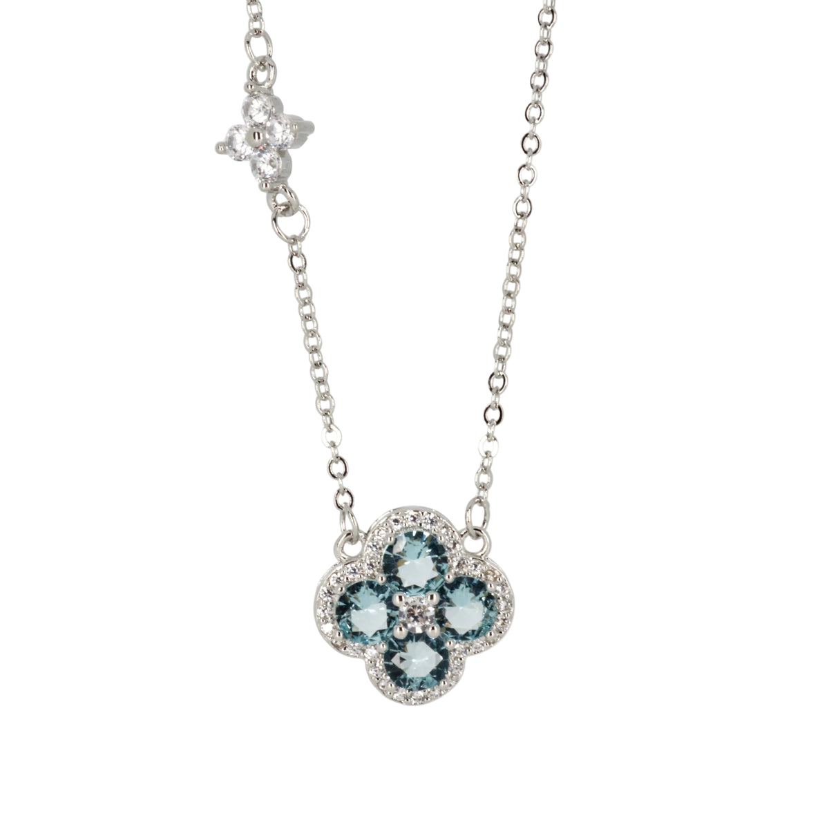 Blue & White Cubic Zirconia Set Clover Pendant & Chain