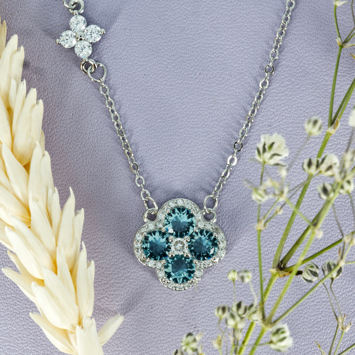 Blue & White Cubic Zirconia Set Clover Pendant & Chain