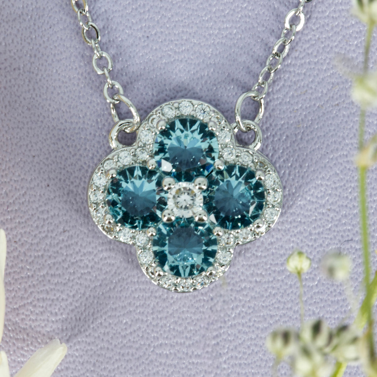 Blue & White Cubic Zirconia Set Clover Pendant & Chain