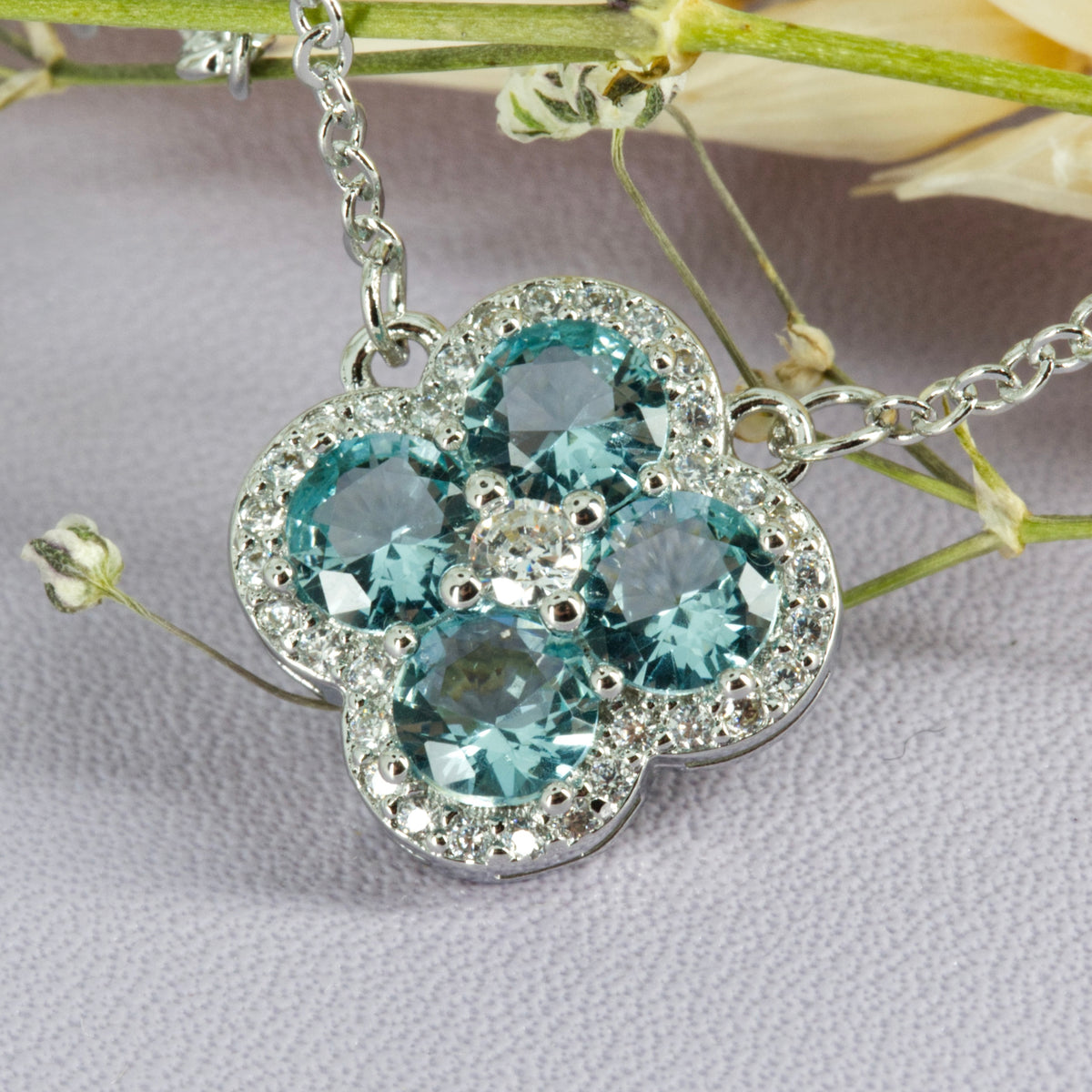 Blue & White Cubic Zirconia Set Clover Pendant & Chain