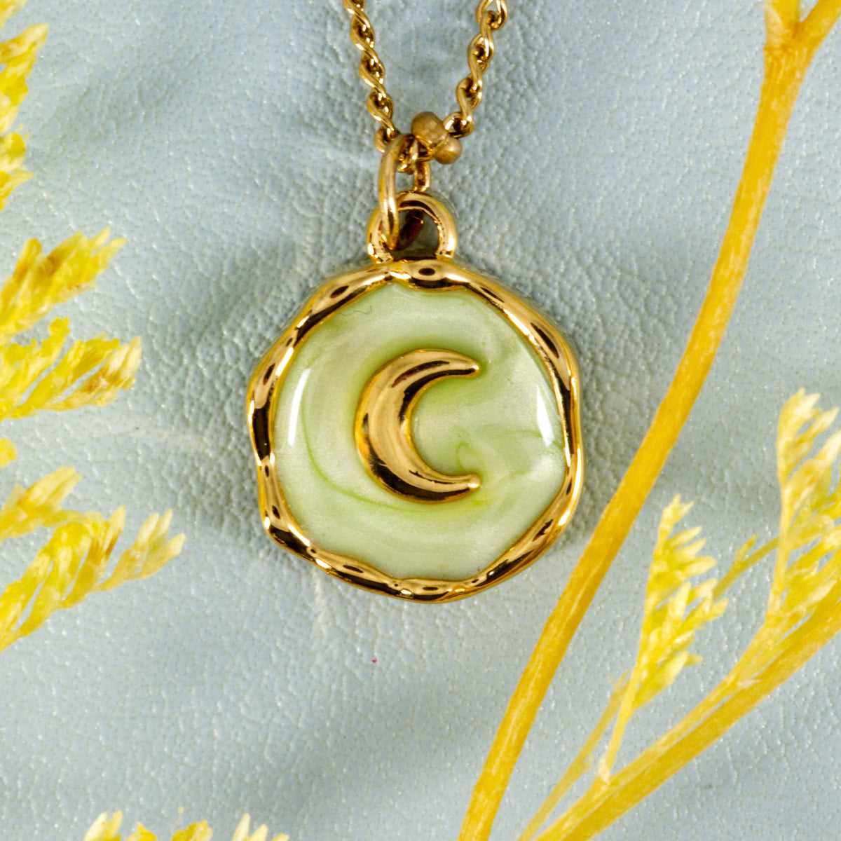 Gold Plated Round Light Green Moon Pendant & Chain