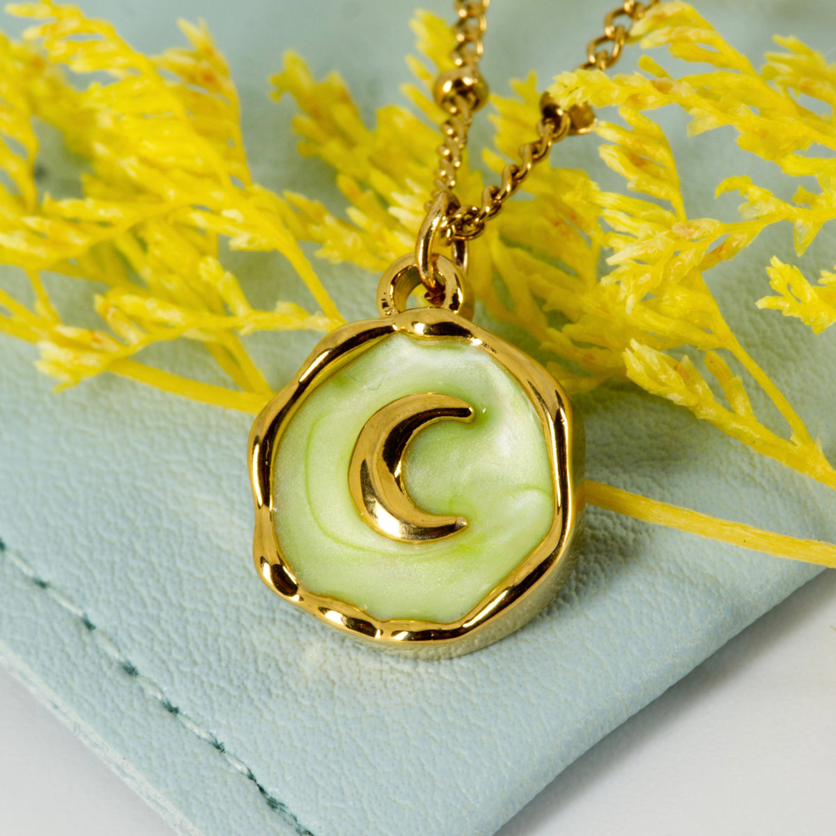 Gold Plated Round Light Green Moon Pendant & Chain
