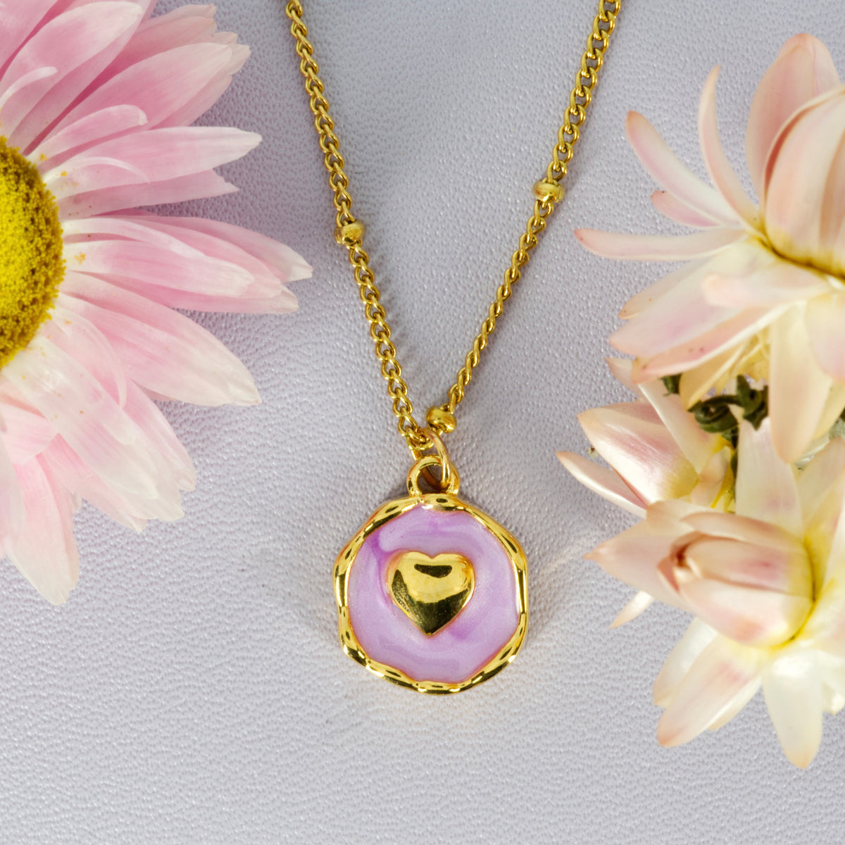 Gold Plated Round Lilac Heart Pendant & Chain