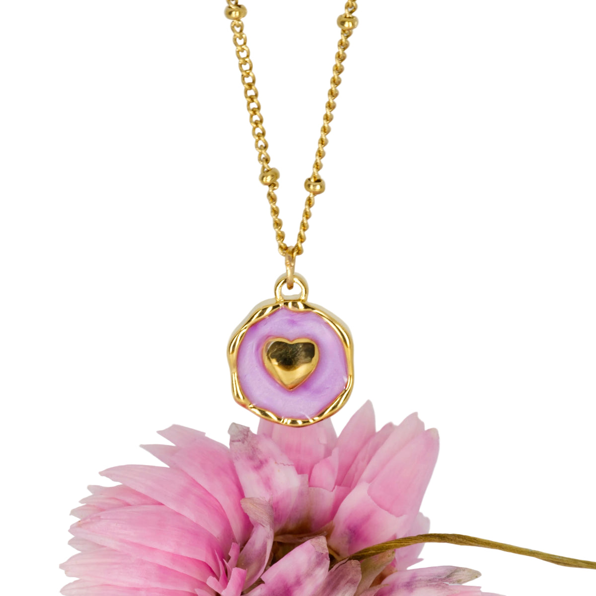 Gold Plated Round Lilac Heart Pendant & Chain