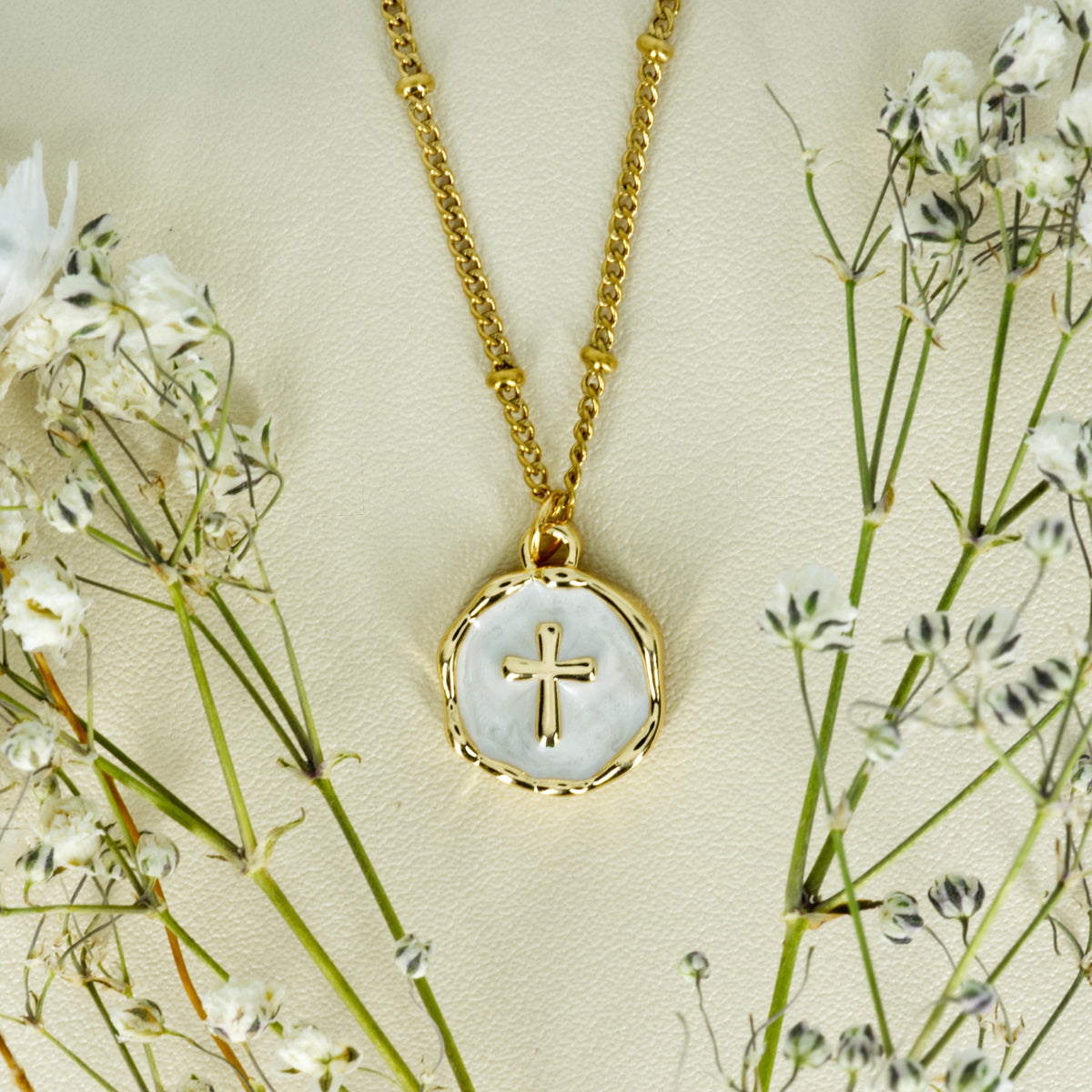 Gold Plated Round White Cross Pendant & Chain
