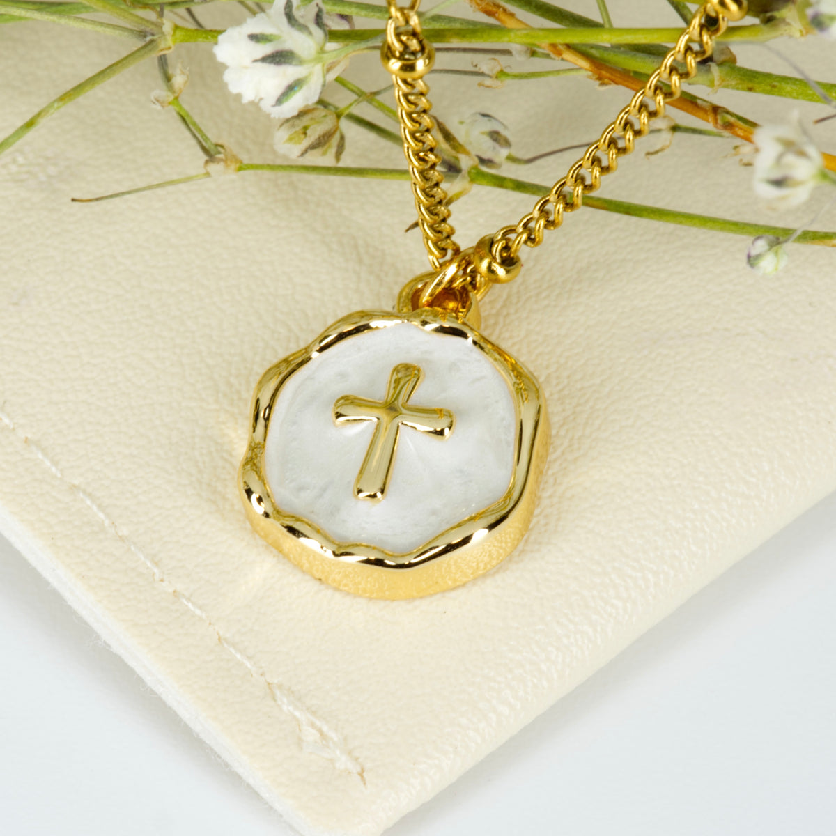 Gold Plated Round White Cross Pendant & Chain