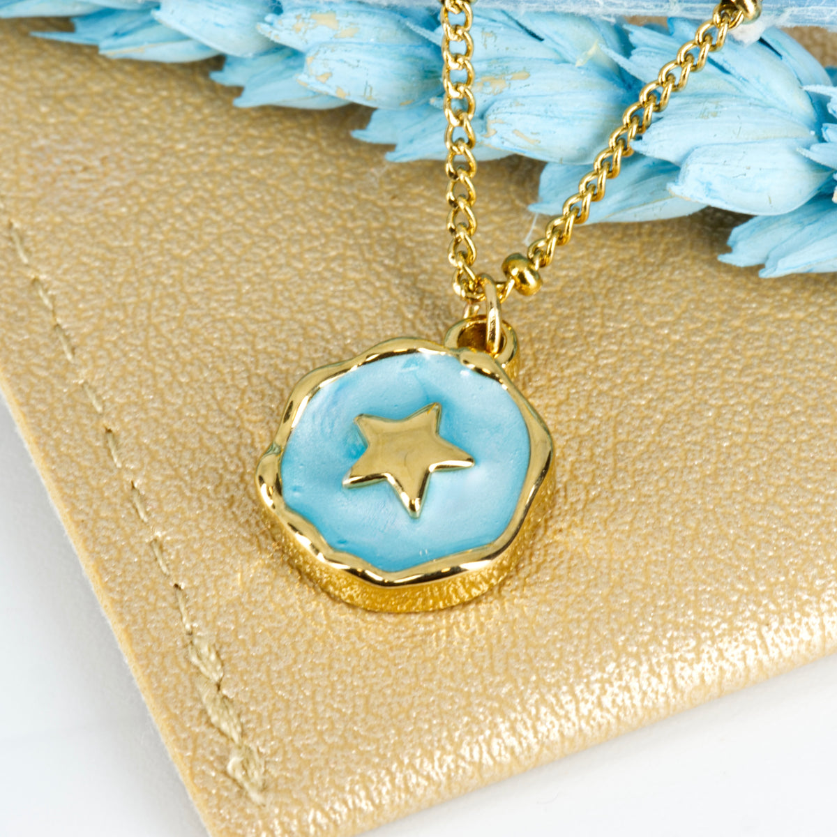 Gold Plated Round Light Blue Star Pendant & Chain