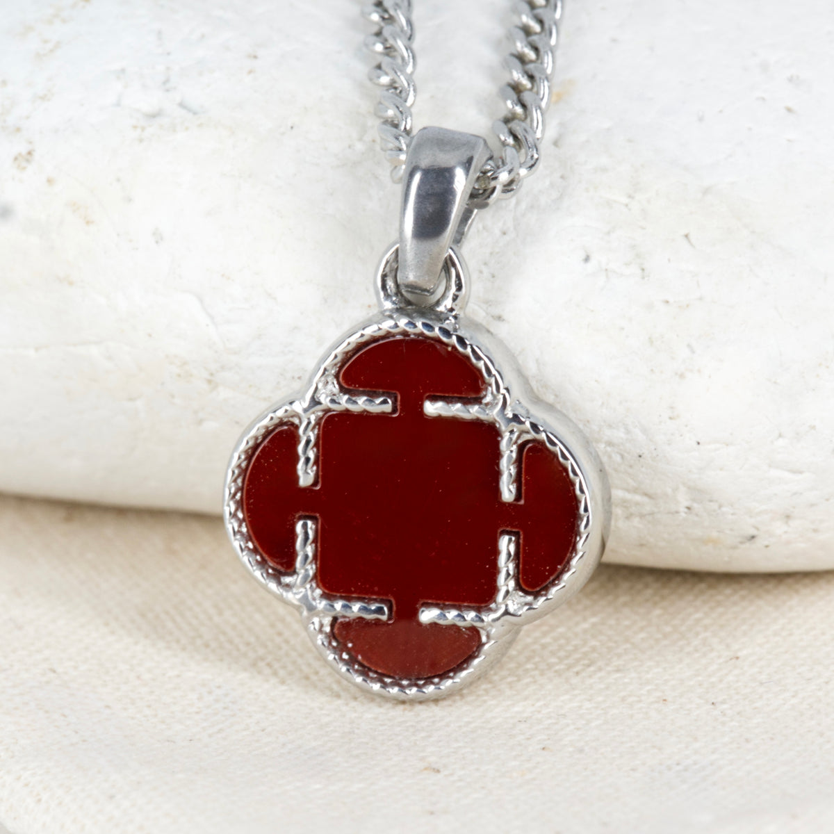 Stainless Steel Red Stone Clover Pendant & Chain