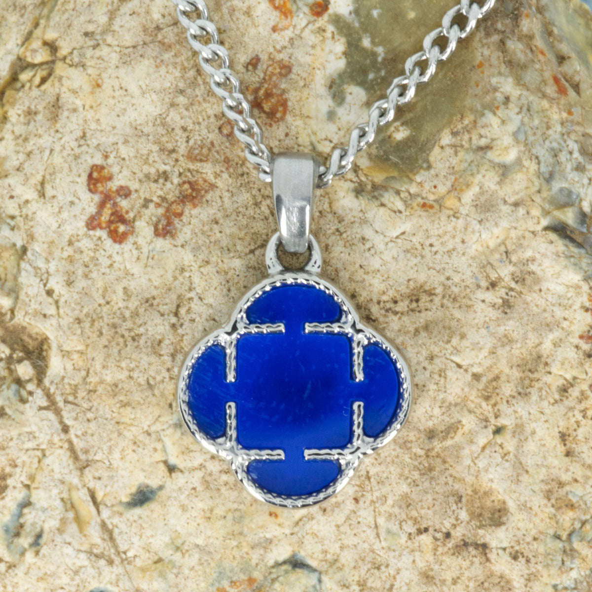 Stainless Steel Blue Stone Clover Pendant & Chain