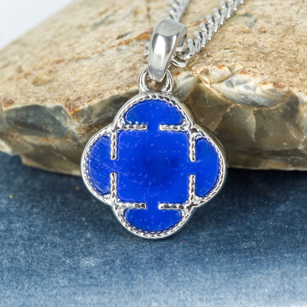 Stainless Steel Blue Stone Clover Pendant & Chain