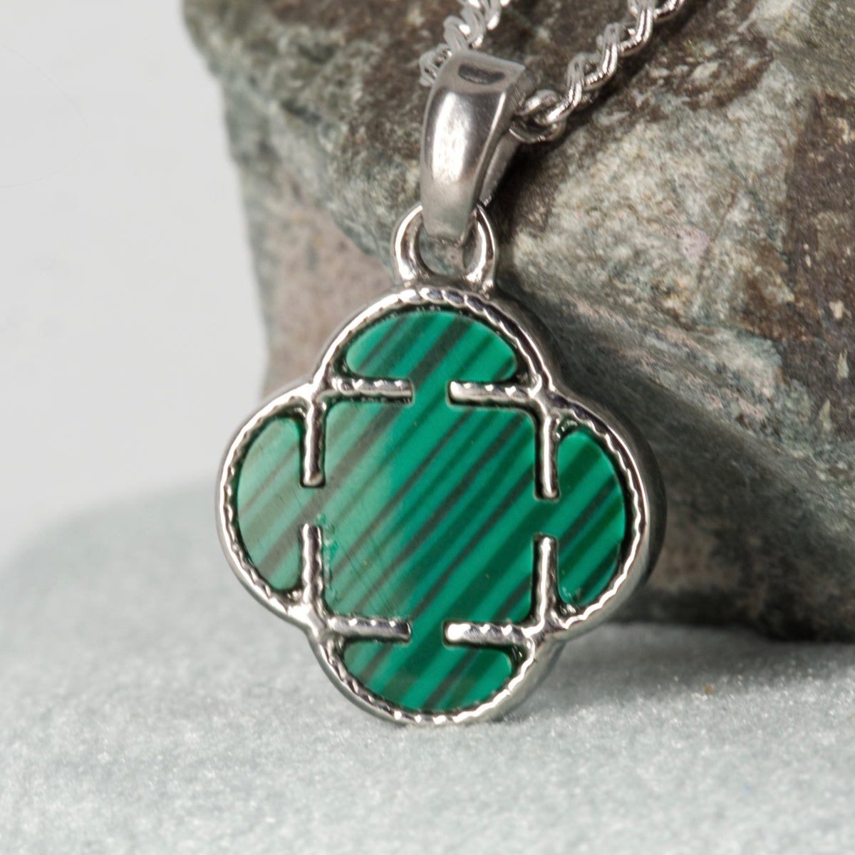 Stainless Steel Green Stone Clover Pendant & Chain