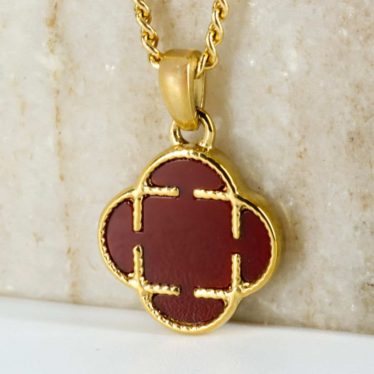 Gold Plated Red Stone Clover Pendant & Chain