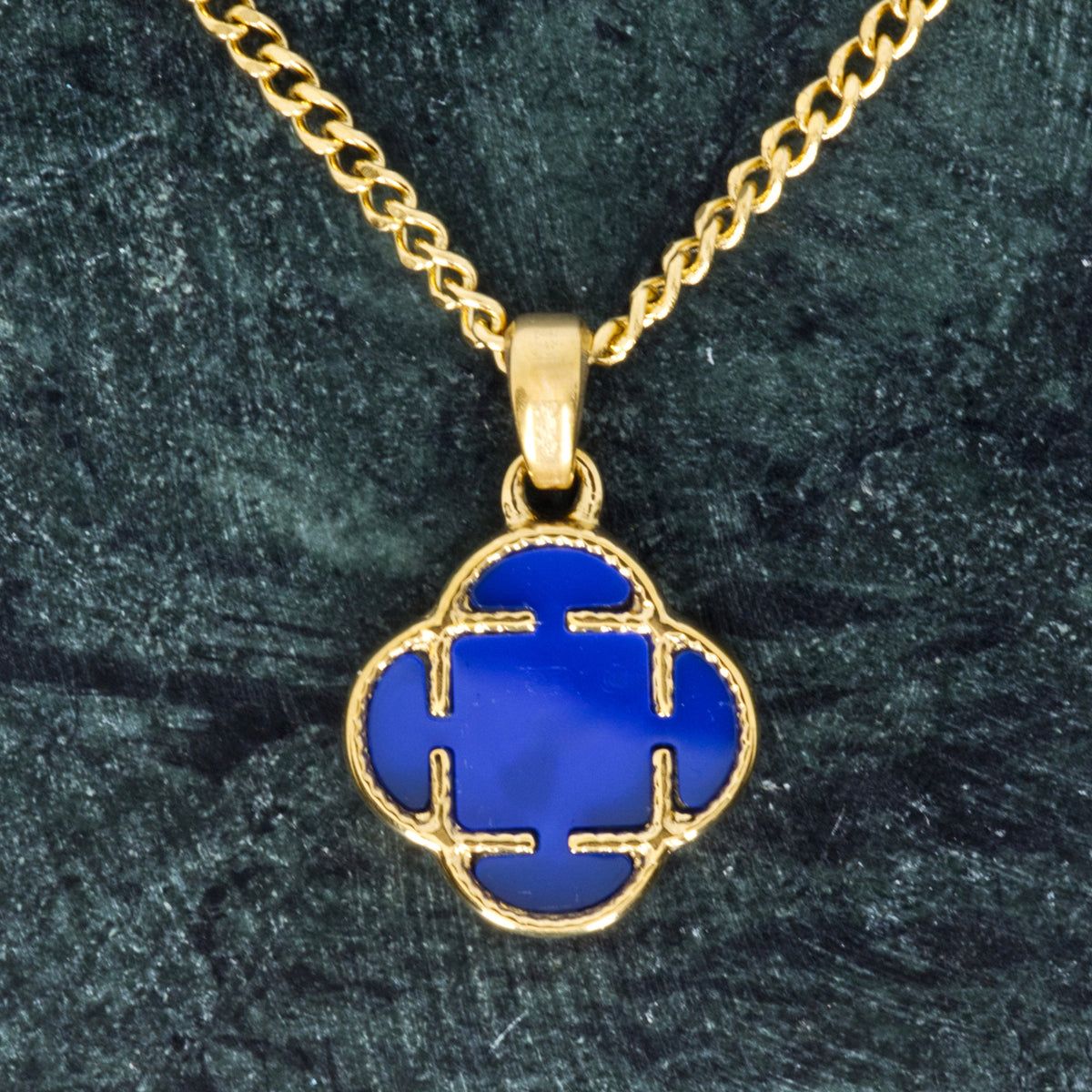 Gold Plated Blue Stone Clover Pendant & Chain