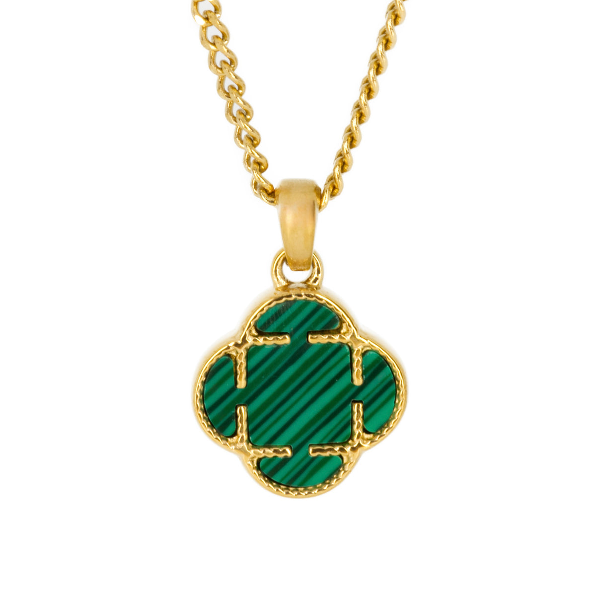 Gold Plated Green Stone Clover Pendant & Chain