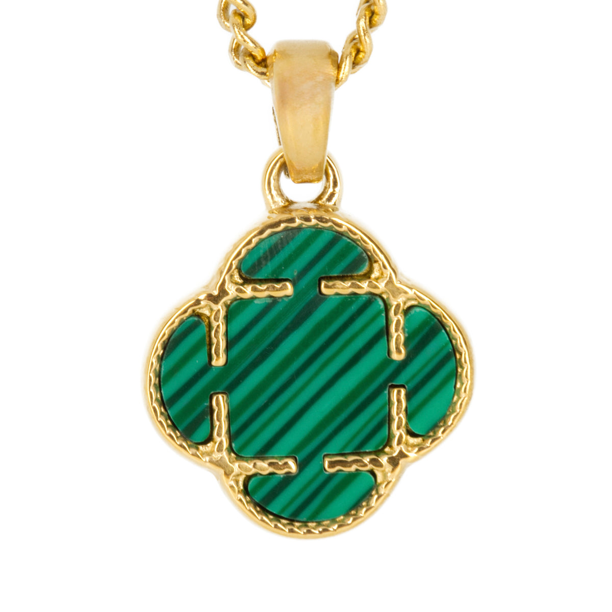Gold Plated Green Stone Clover Pendant & Chain