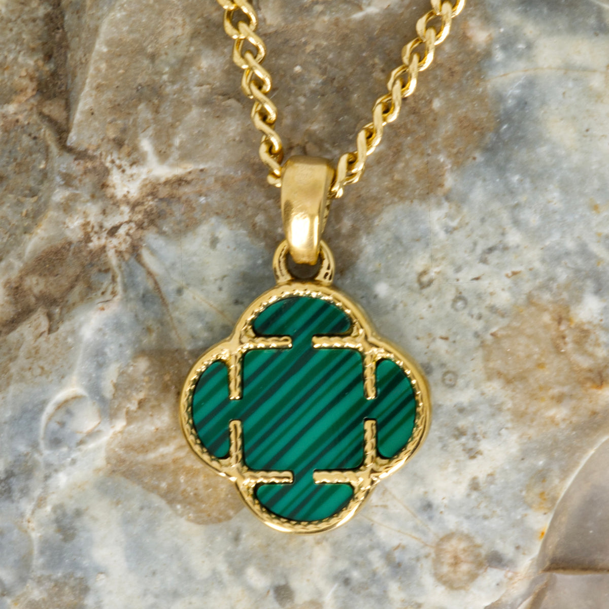 Gold Plated Green Stone Clover Pendant & Chain
