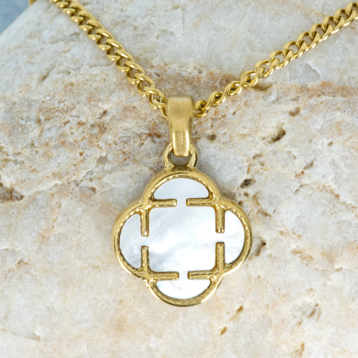 Gold Plated White Stone Clover Pendant & Chain