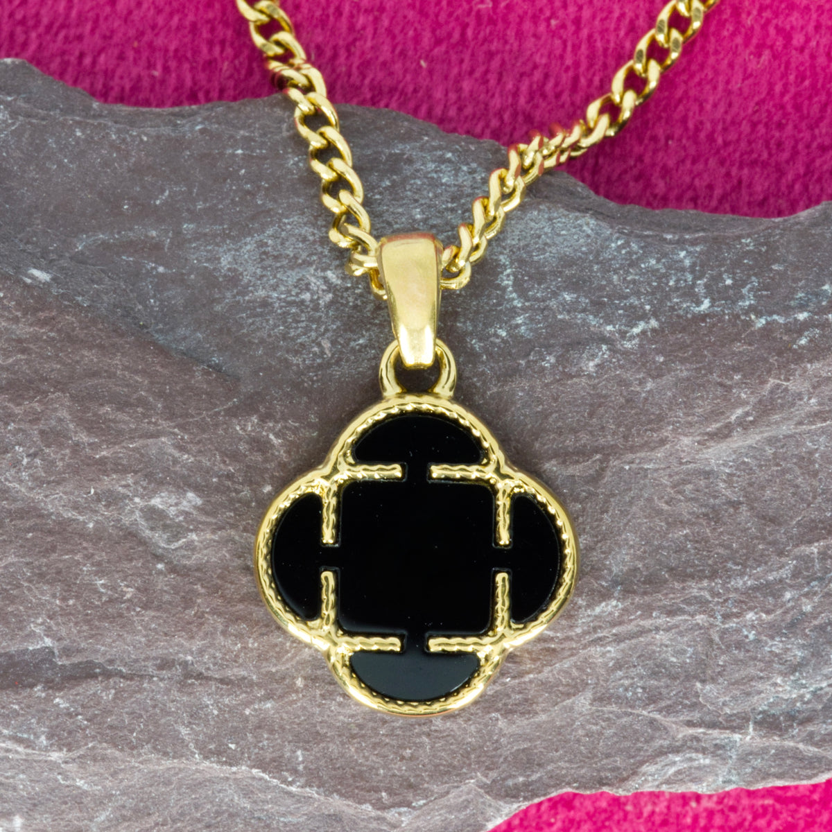 Gold Plated Black Stone Clover Pendant & Chain